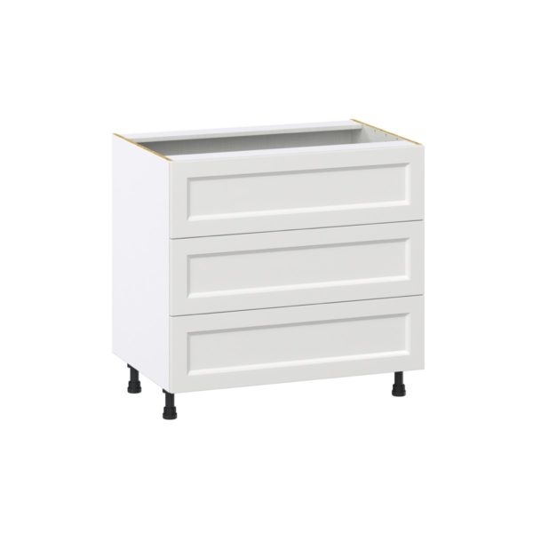 Magnolia Painted Bright White Recessed Assembled Base Cabinet with Three 10 in. Drawers (36 in. W x 34.5 in. H x 24 in. D)