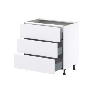 Lily Bright White  Slab Assembled Base Cabinet with Three 10 in. Drawers (33 in. W X 34.5 in. H X 24 in. D)