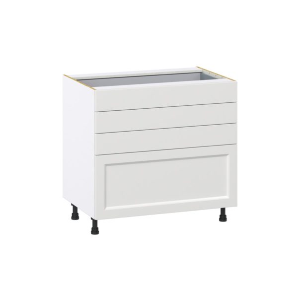 Magnolia Painted Bright White Recessed Assembled Base Cabinet with 4 Drawers (36 in. W x 34.5 in. H x 24 in. D)