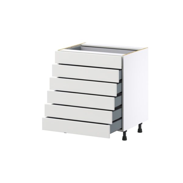 Magnolia Painted Bright White Recessed Assembled Base Cabinet with 6 Drawers (30 in. W x 34.5 in. H x 24 in. D)