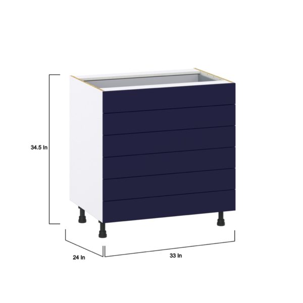 Camellia Painted Midnight Blue Recessed Assembled Base Cabinet with 6 Drawers (33 in. W X 34.5 in. H X 24 in. D)