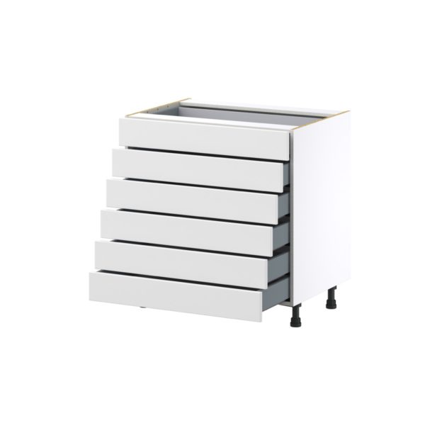 Magnolia Painted Bright White Recessed Assembled Base Cabinet with 6 Drawers (33 in. W X 34.5 in. H X 24 in. D)