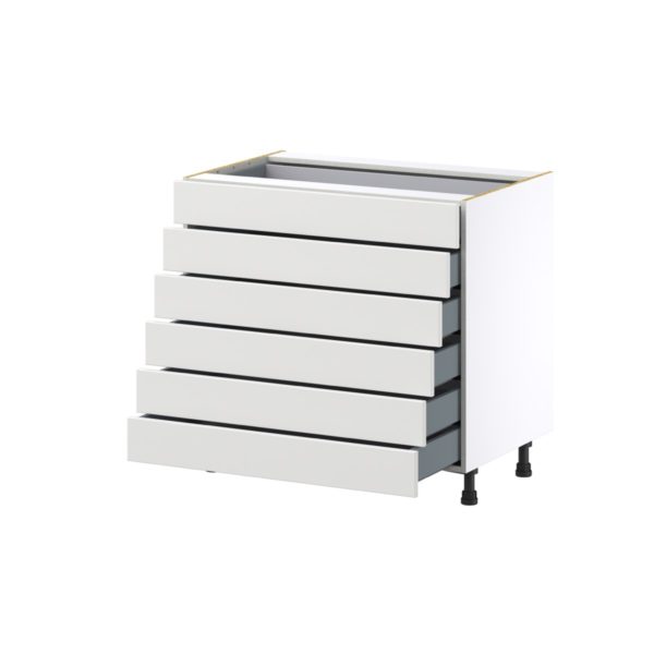 Magnolia Painted Bright White Recessed Assembled Base Cabinet with 6 Drawers (36 in. W x 34.5 in. H x 24 in. D)