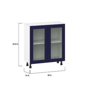 Camellia Painted Midnight Blue Recessed Assembled Shallow Base Cabinet with 2 Full High Glass Doors (30 in. W x 34.5 in. H x 14 in. D)