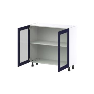 Camellia Painted Midnight Blue Recessed Assembled Shallow Base Cabinet with 2 Full High Glass Doors (36 in. W x 34.5 in. H x 14 in. D)