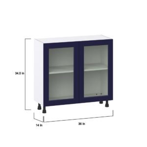 Camellia Painted Midnight Blue Recessed Assembled Shallow Base Cabinet with 2 Full High Glass Doors (36 in. W x 34.5 in. H x 14 in. D)