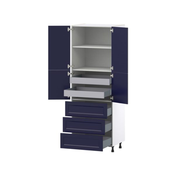 Camellia Painted Midnight Blue Recessed Assembled Pantry Cabinet 4 Doors with 3 Drawers and 2 Inner Drawers (30 in. W X 84.5 in. H X 24 in. D)