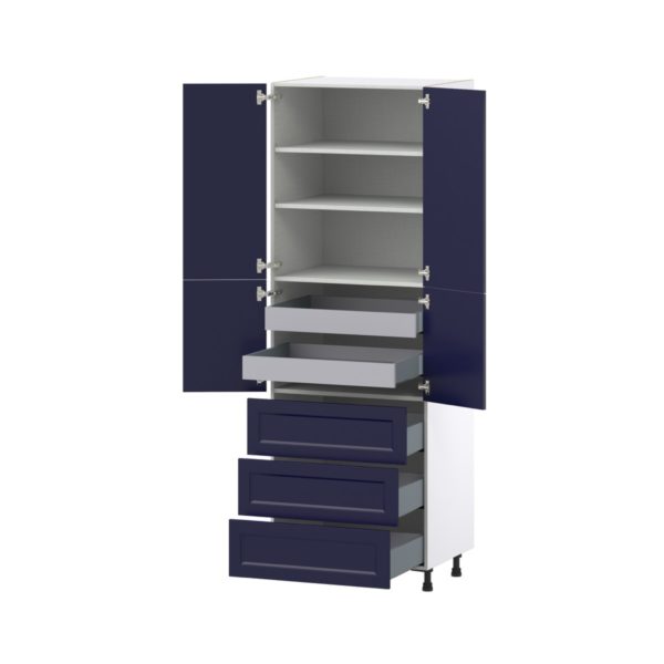 Camellia Painted Midnight Blue Recessed Assembled Pantry Cabinet 4 Doors with 3 Drawers and 2 Inner Drawers (30 in. W X 89.5 in. H X 24 in. D)