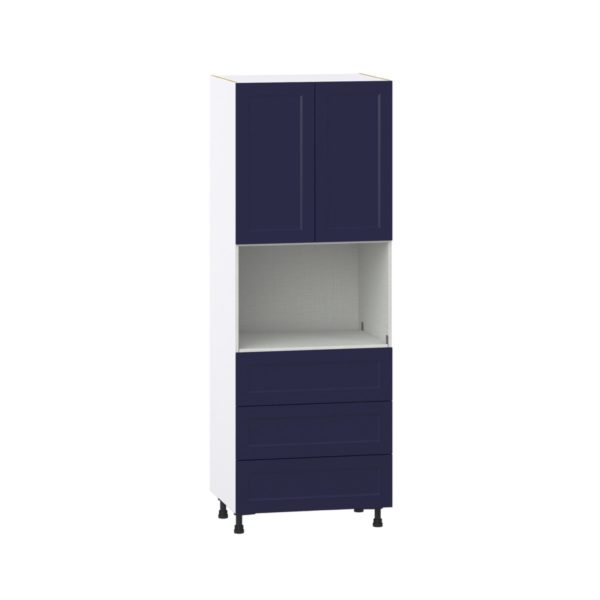 Camellia Painted Midnight Blue Recessed Assembled Pantry Microwave Cabinet with 3 Even Drawers (30 in. W X 84.5 in. H X 24 in. D)