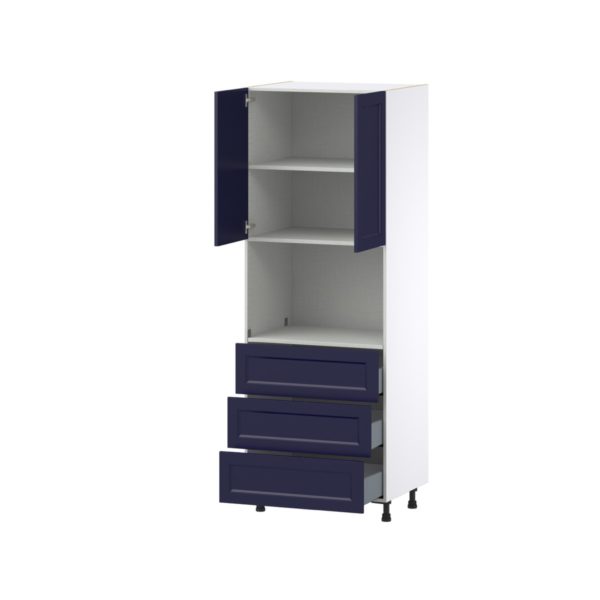 Camellia Painted Midnight Blue Recessed Assembled Pantry Microwave Cabinet with 3 Even Drawers (30 in. W X 84.5 in. H X 24 in. D)