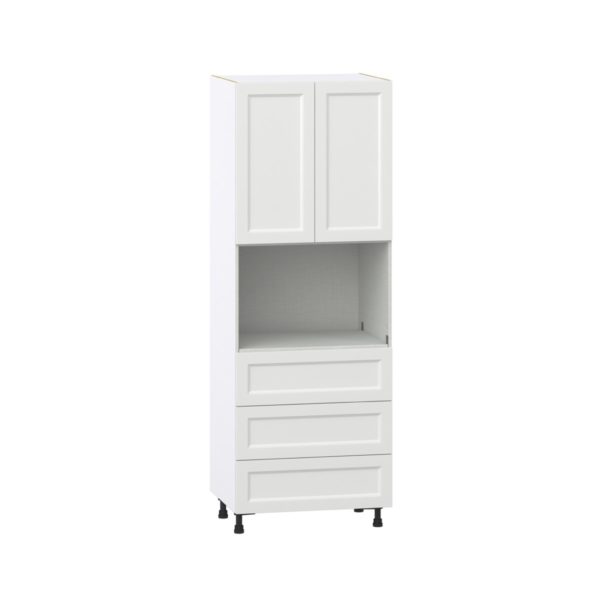 Magnolia Painted Bright White Recessed Assembled Pantry Microwave Cabinet with 3 Even Drawers (30 in. W X 84.5 in. H X 24 in. D)