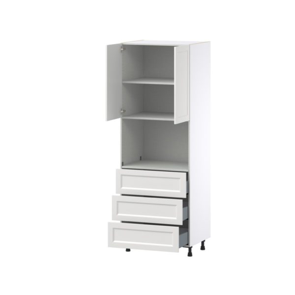 Magnolia Painted Bright White Recessed Assembled Pantry Microwave Cabinet with 3 Even Drawers (30 in. W X 84.5 in. H X 24 in. D)