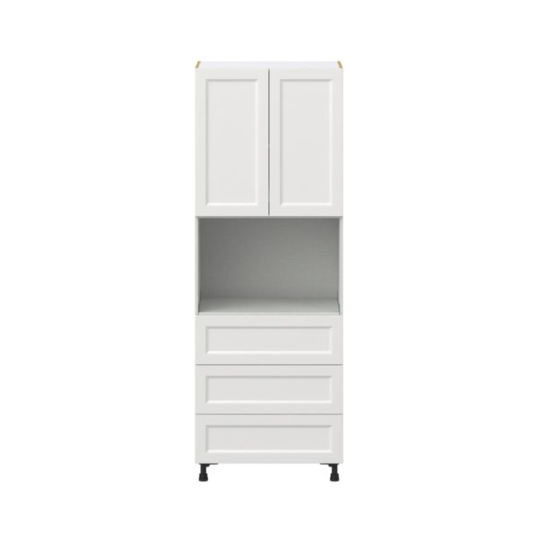 Magnolia Painted Bright White Recessed Assembled Pantry Microwave Cabinet with 3 Even Drawers (30 in. W X 84.5 in. H X 24 in. D)