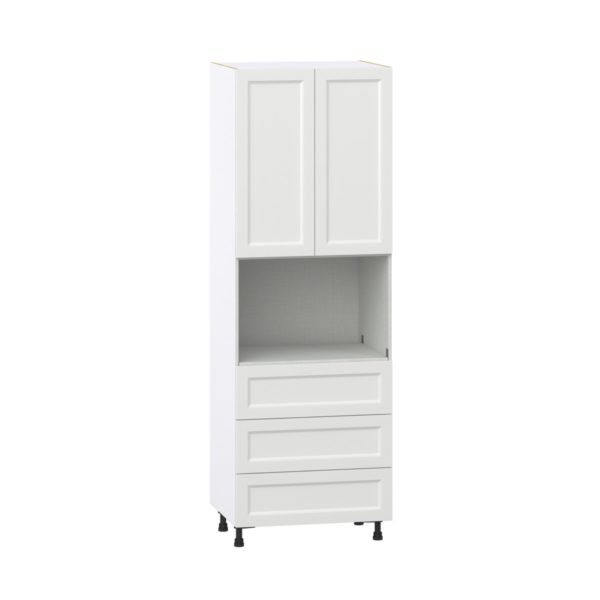 Magnolia Painted Bright White Recessed Assembled Pantry Microwave Cabinet with 3 Even Drawers (30 in. W X 89.5 in. H X 24 in. D)