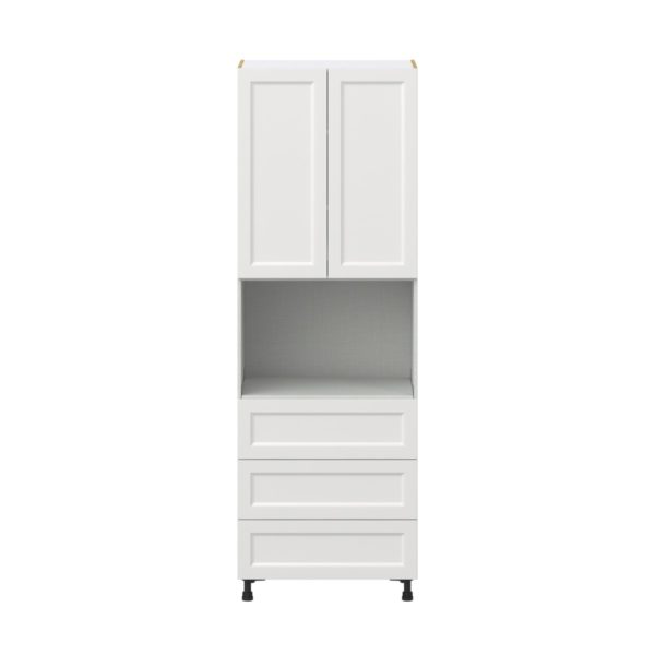 Magnolia Painted Bright White Recessed Assembled Pantry Microwave Cabinet with 3 Even Drawers (30 in. W X 89.5 in. H X 24 in. D)