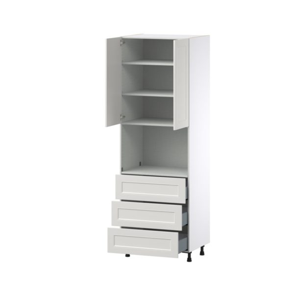 Wisteria Painted Light Gray Recessed Assembled Pantry Microwave Cabinet with 3 Even Drawers (30 in. W X 89.5 in. H X 24 in. D)