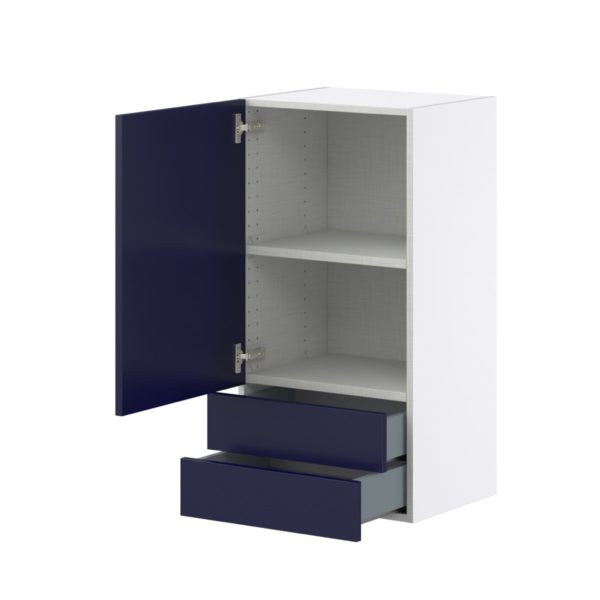 Camellia Painted Midnight Blue Recessed Assembled Wall  Cabinet with a Door and Two 5 in. Drawers (18 in. W x 35 in. H x 14 in. D)