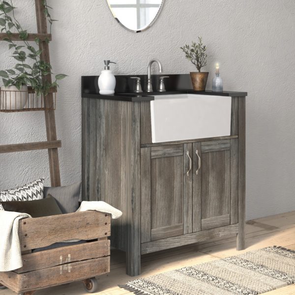 Aster 31"W x 19"D x 34"H Provincial Pine Vanity and Jet Black Granite Vanity Top with Farmhouse Style Sink