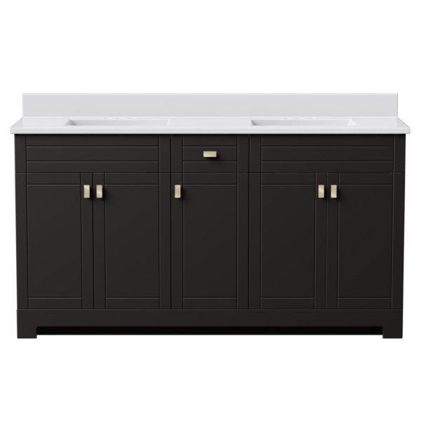 Uptown 61"W x 19"D  x 33"H Deep Brown Vanity and White Cultured Marble Vanity Top with Rectangular Integrated Wave Bowl