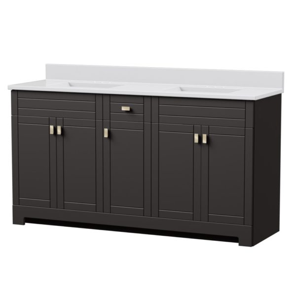 Uptown 61"W x 19"D  x 33"H Deep Brown Vanity and White Cultured Marble Vanity Top with Rectangular Integrated Wave Bowl