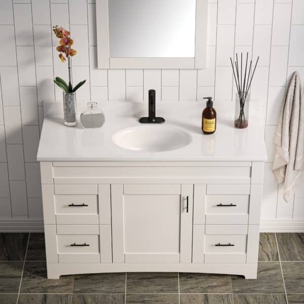 White Oval 49"W x 19"D Solid White Cultured Marble Vanity Top with Oval Non-Recessed Bowl