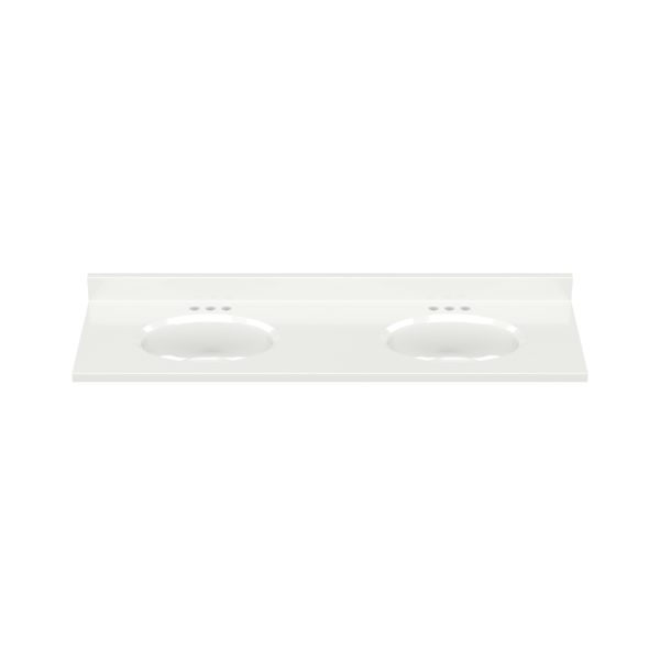 White Oval 61"W x 19"D Solid White Cultured Marble Vanity Top with Oval Non-Recessed Bowls