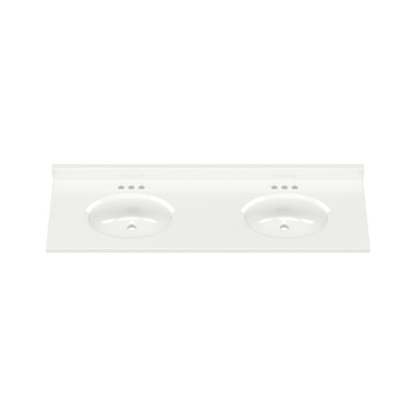 White Oval 61"W x 19"D Solid White Cultured Marble Vanity Top with Oval Non-Recessed Bowls