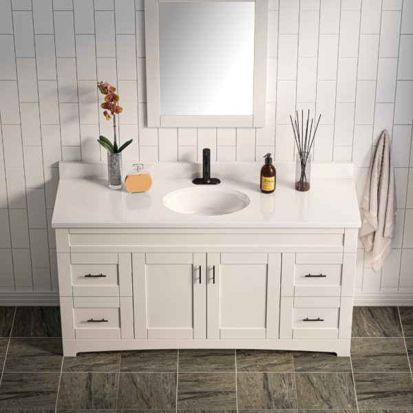 White Oval 61"W x 19"D Solid White Cultured Marble Vanity Top with Oval Non-Recessed Bowl