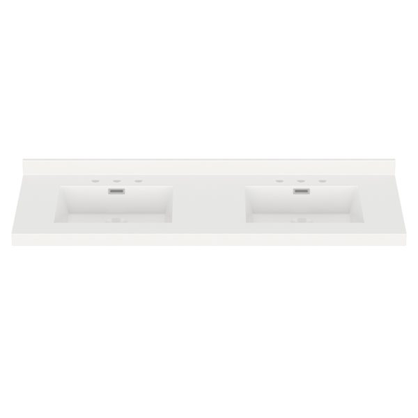 White Rectangle  61"W x 22"D White Cultured Marble Vanity Top with Rectangular Integrated Bowls