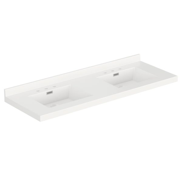 White Rectangle  61"W x 22"D White Cultured Marble Vanity Top with Rectangular Integrated Bowls