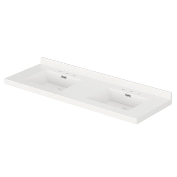 White Rectangle  61"W x 22"D White Cultured Marble Vanity Top with Rectangular Integrated Bowls