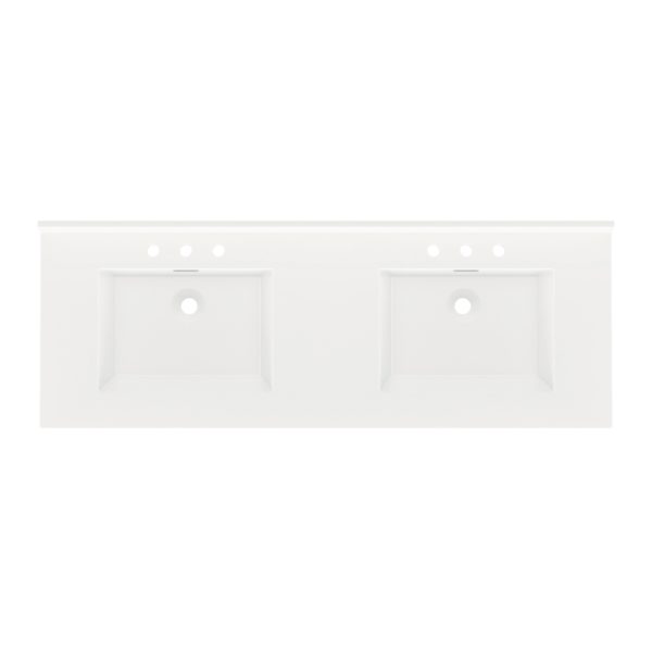 White Rectangle  61"W x 22"D White Cultured Marble Vanity Top with Rectangular Integrated Bowls