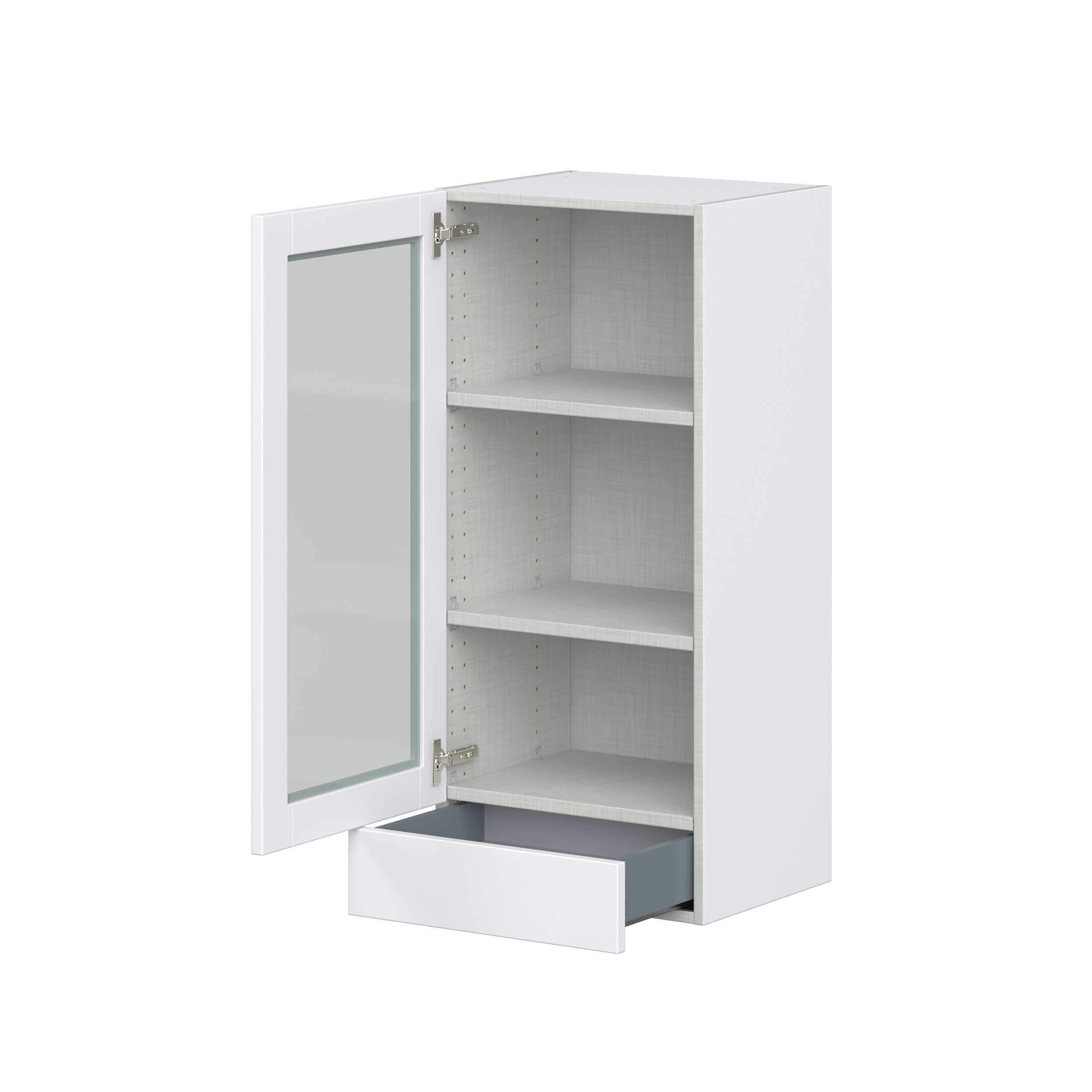 Bright White Shaker Bright White Assembled Wall Cabinet with a Glass Door and a 5 in. Drawer (18 in. W x 40 in. H x 14 in. D)