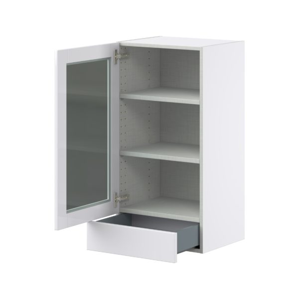 Bright White Assembled Wall  Cabinet with a Glass Door and a 5 in. Drawer (18 in. W x 35 in. H x 14 in. D)