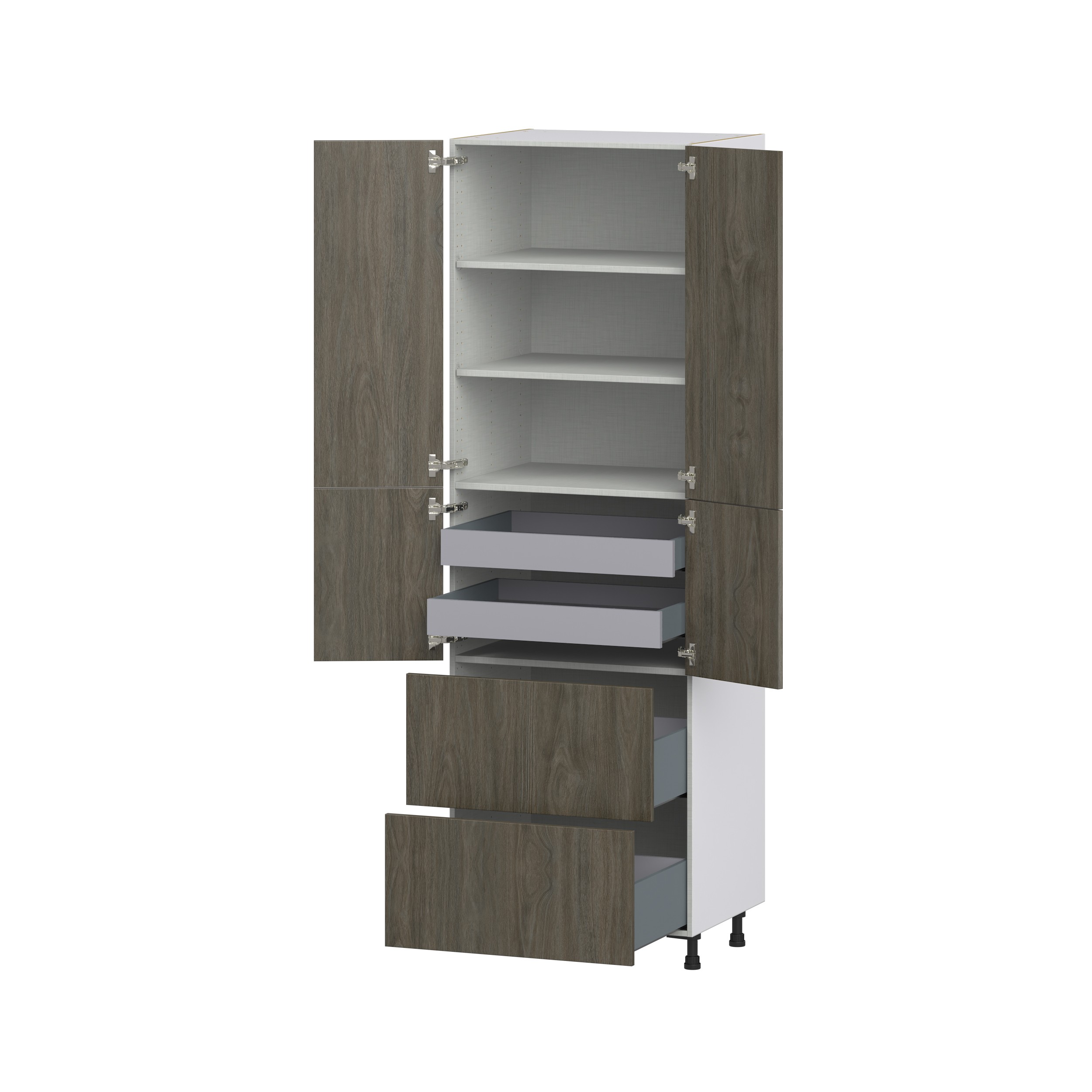 Cordyline Textured Slab Walnut Assembled Pantry Cabinet 4 Doors with 2 Drawers and 2 Inner Drawers (30 in. W X 94.5 in. H X 24 in. D)