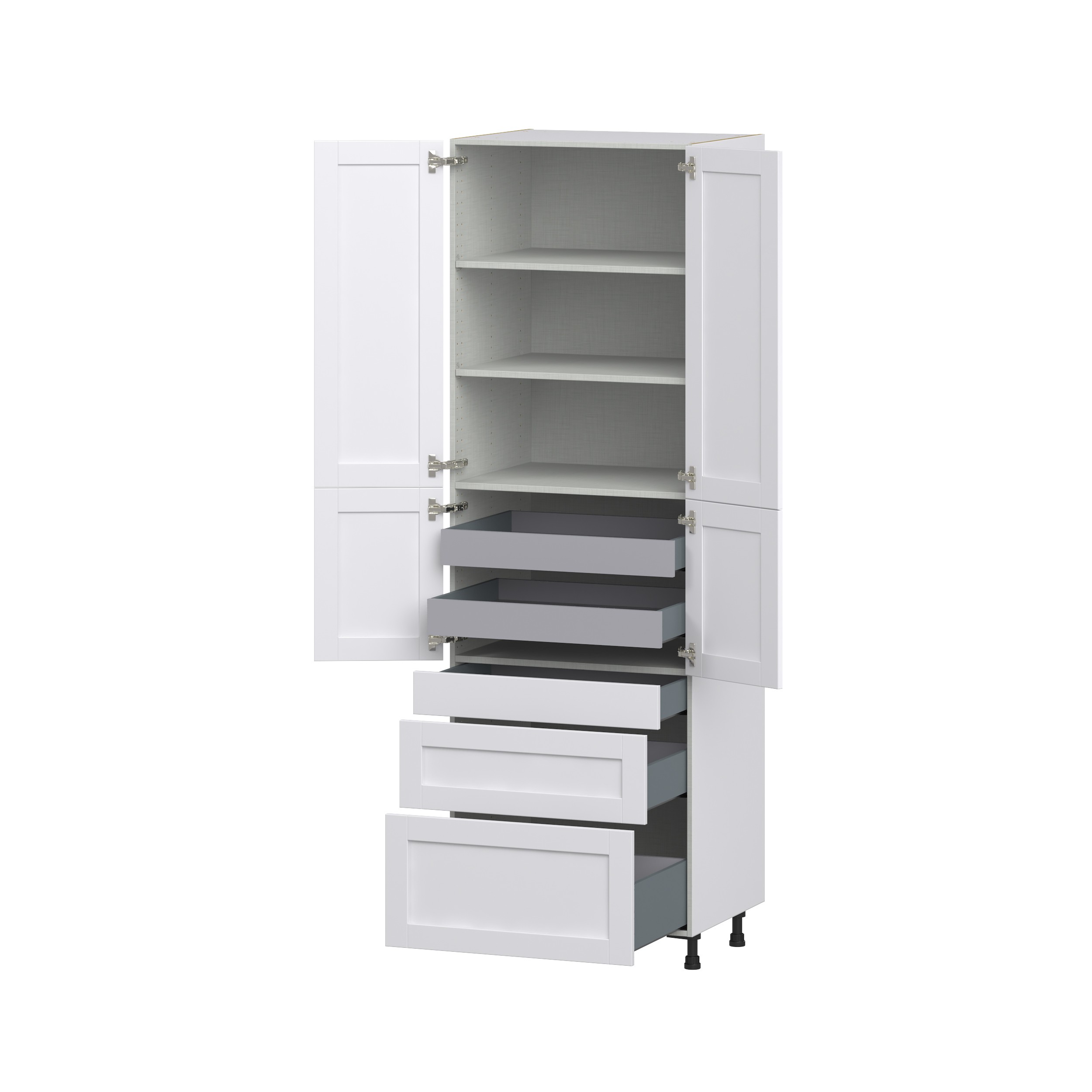 Dahlia Bright White Shaker Assembled Pantry Cabinet with 3 Drawers and 2 Inner Drawers (30 in. W x 94.5 in. H x 24 in. D)