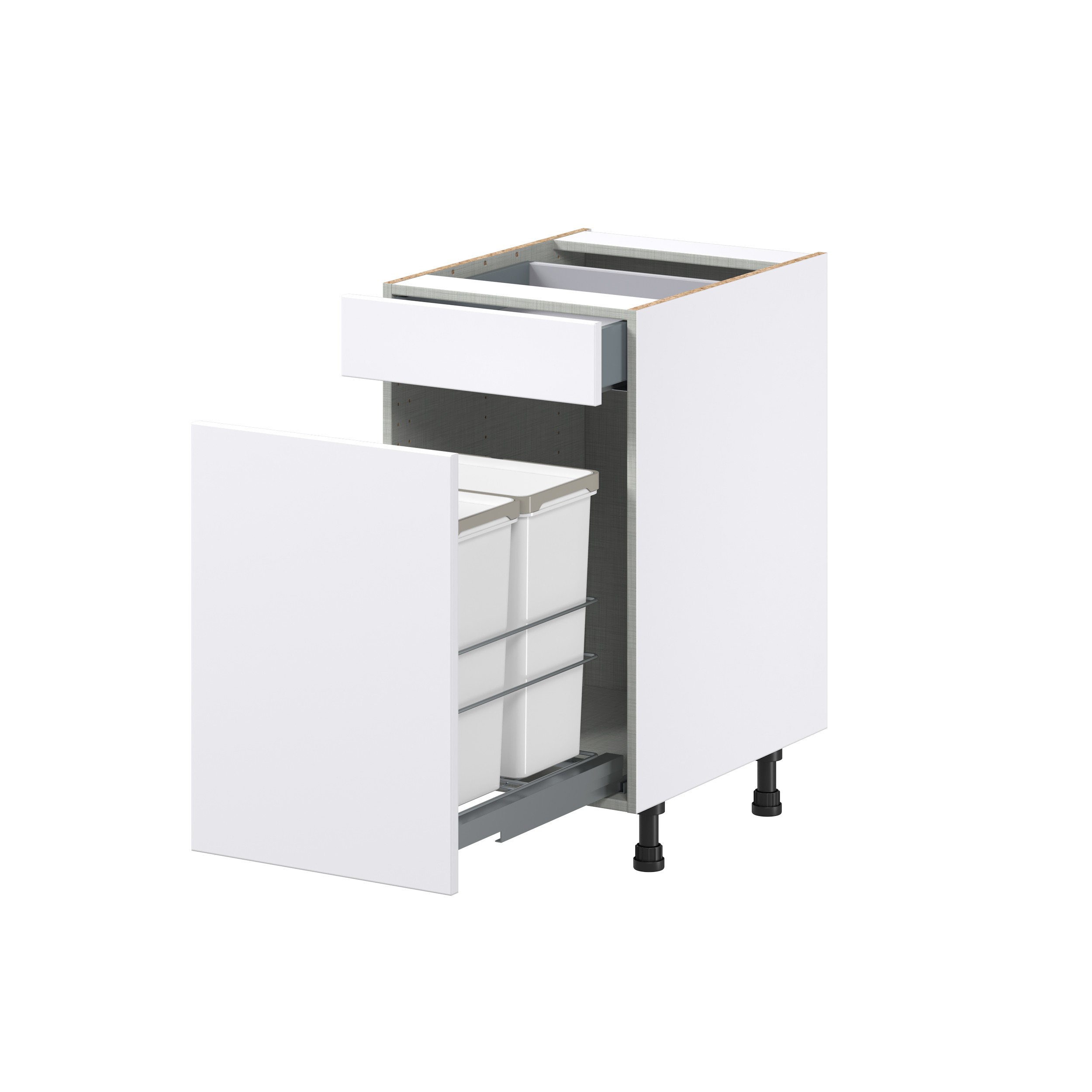 Lily Bright White Slab Assembled with 1 Drawer and 2 Pull Out Waste Bin Kitchen Cabinet (18 in. W x 34.5 in. H x 24 in. D)