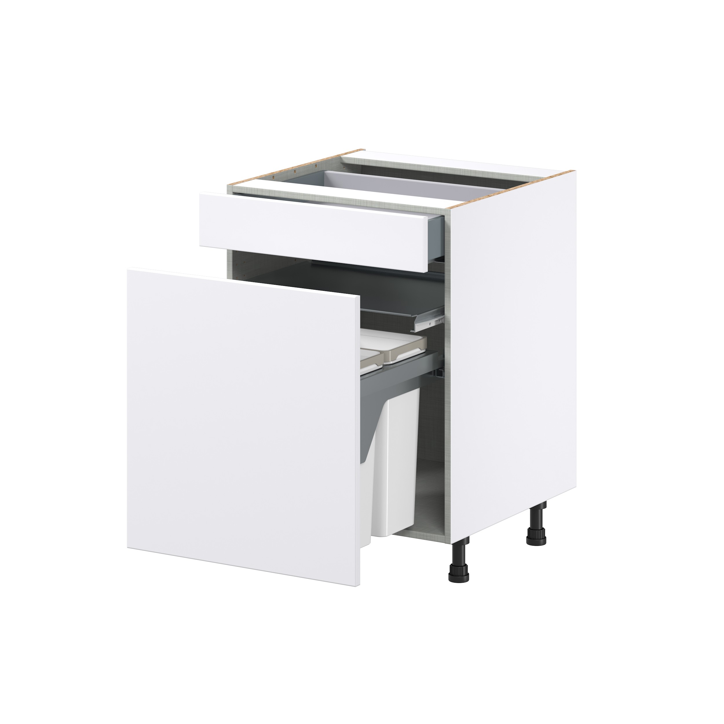 Lily Bright White Slab Assembled with 1 Drawer and Pull Out  3 Waste Bins Kitchen Cabinet (24in. W x 34.5 in. H x 24 in. D)