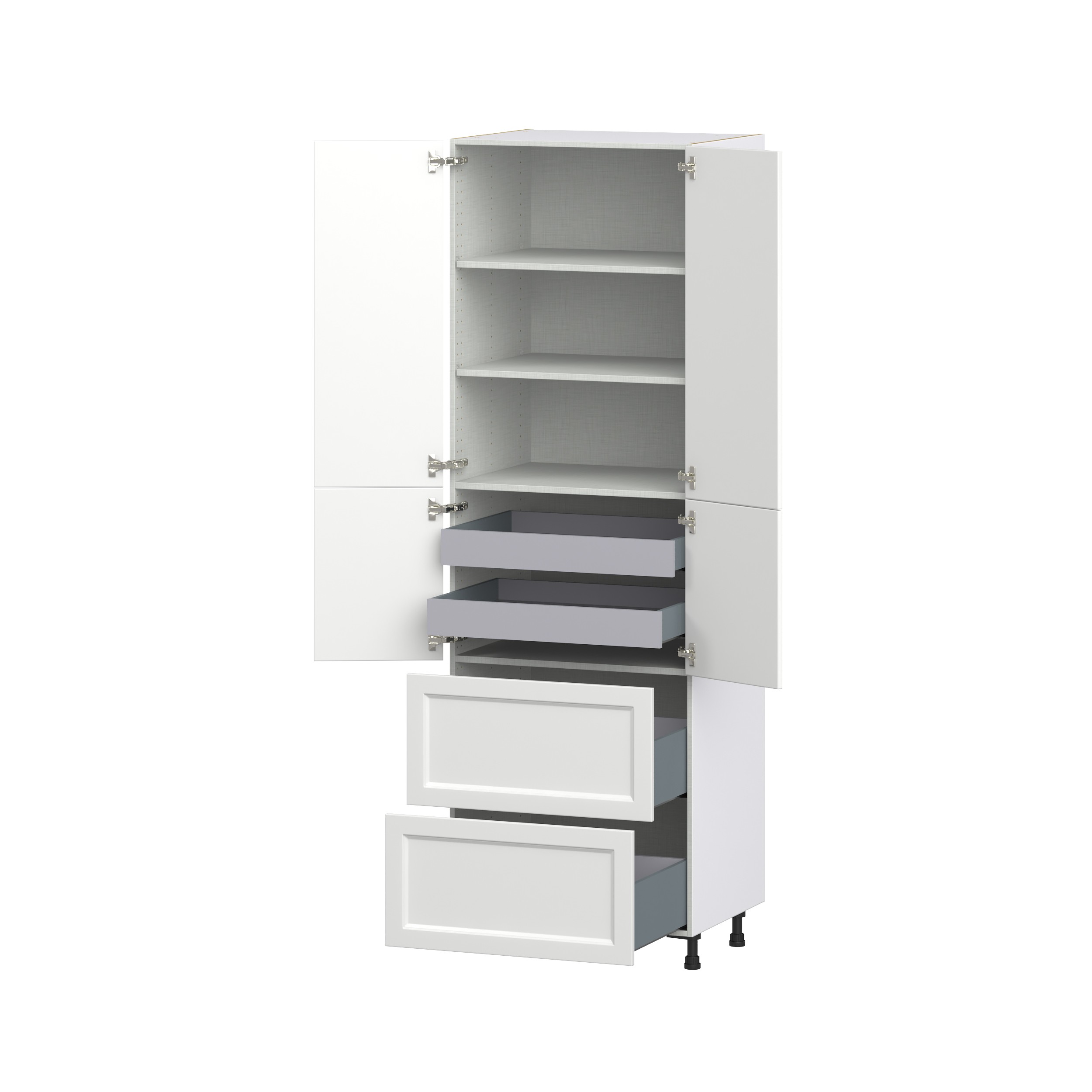 Magnolia Painted Bright White Recessed Assembled Pantry Cabinet 4 Doors with 2 Drawers and 2 Inner Drawers (30 in. W X 94.5 in. H X 24 in. D)