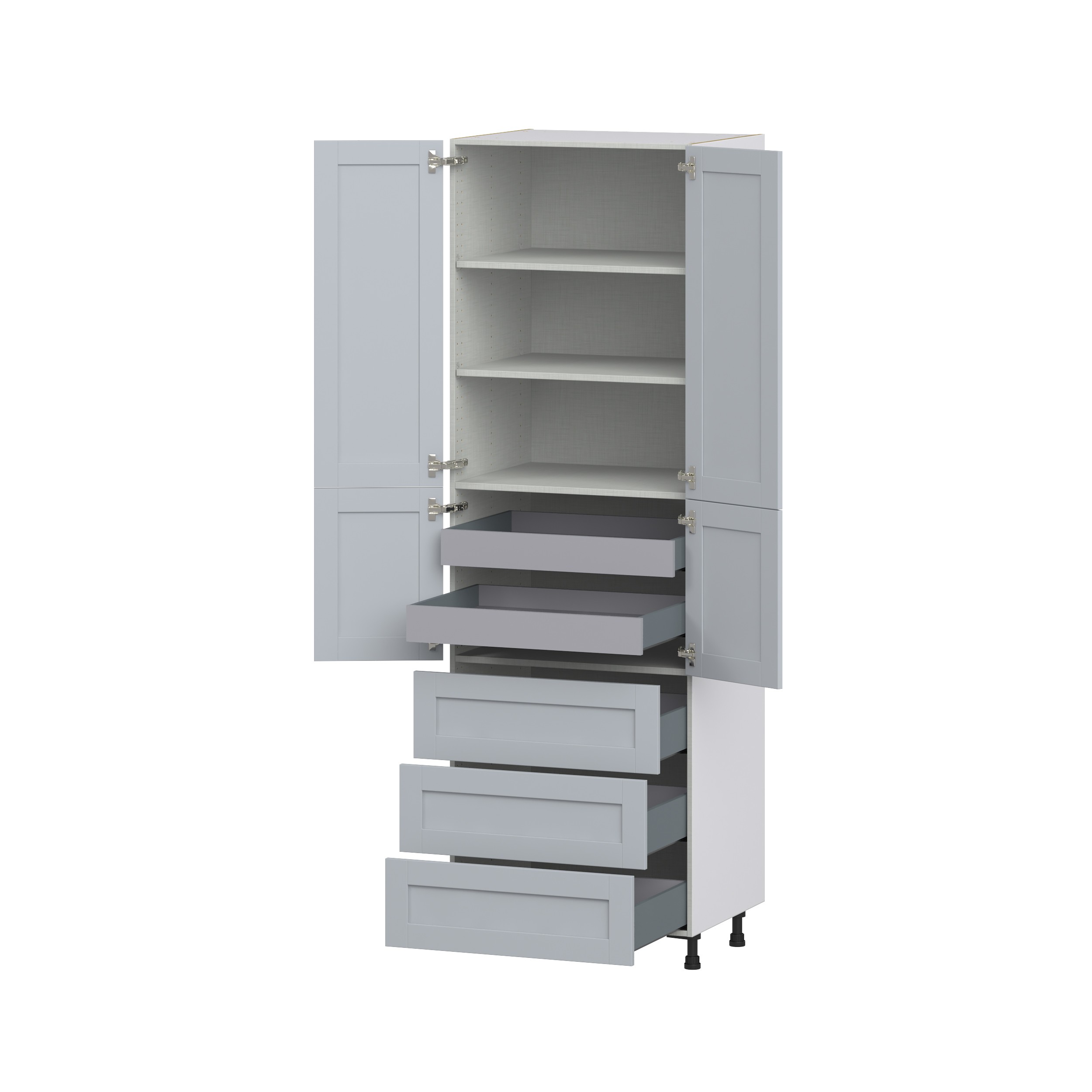 Sea Holly Light Gray Shaker Assembled Pantry Cabinet 4 Doors with 3 Drawers and 2 Inner Drawers (30 in. W X 94.5 in. H X 24 in. D)