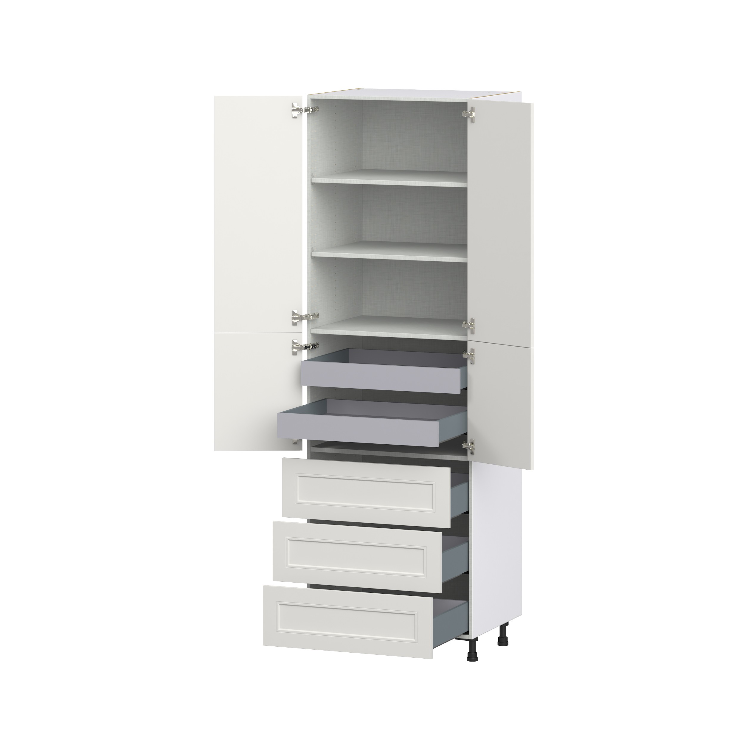 Wisteria Painted Light Gray Recessed Assembled Pantry Cabinet 4 Doors with 3 Drawers and 2 Inner Drawers (30 in. W X 94.5 in. H X 24 in. D)