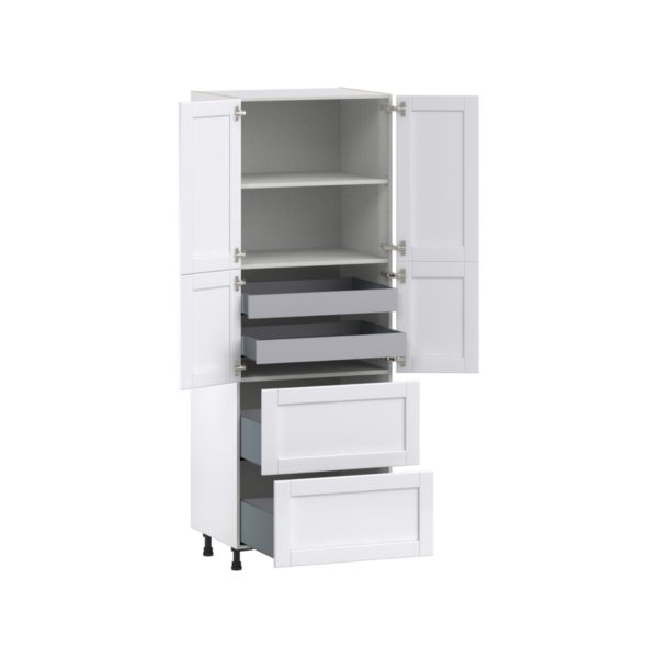 Dahlia Bright White  Shaker Assembled Pantry Cabinet 4 Doors with 2 Drawers and 2 Inner Drawers (30 in. W X 84.5 in. H X 24 in. D)