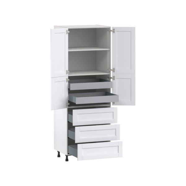 Dahlia Bright White  Shaker Assembled Pantry Cabinet 4 Doors with 3 Drawers and 2 Inner Drawers (30 in. W X 84.5 in. H X 24 in. D)