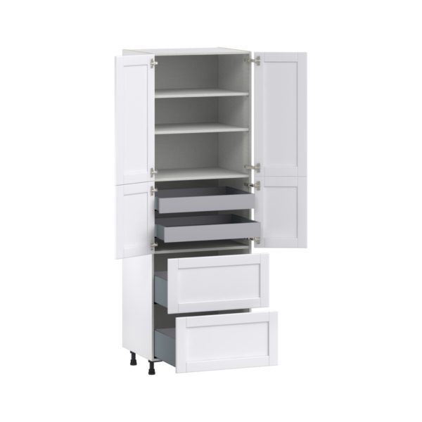 Dahlia Bright White  Shaker Assembled Pantry Cabinet 4 Doors with 2 Drawers and 2 Inner Drawers (30 in. W X 89.5 in. H X 24 in. D)