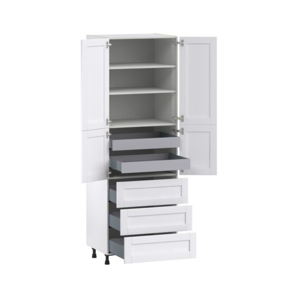 Dahlia Bright White  Shaker Assembled Pantry Cabinet 4 Doors with 3 Drawers and 2 Inner Drawers (30 in. W X 89.5 in. H X 24 in. D)