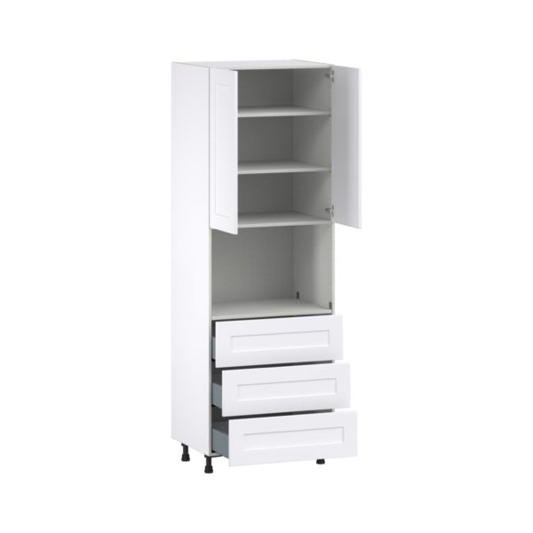 Jasmine Painted Warm White  Shaker Assembled Pantry Microwave Cabinet with 3 Even Drawers (30 in. W X 89.5 in. H X 24 in. D)