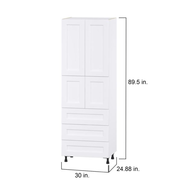 Jasmine Painted Warm White  Shaker Assembled Pantry Cabinet 4 Doors with 3 Drawers and 2 Inner Drawers (30 in. W X 89.5 in. H X 24 in. D)