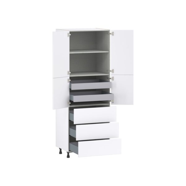 Lily Bright White  Slab Assembled Pantry Cabinet 4 Doors with 3 Drawers and 2 Inner Drawers (30 in. W X 84.5 in. H X 24 in. D)