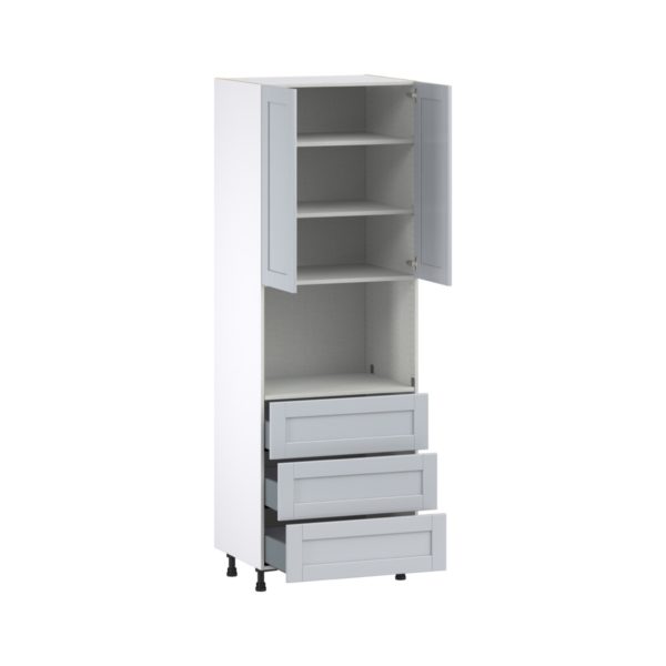 Sea Holly Light Gray  Shaker Assembled Pantry Microwave Cabinet with 3 Even Drawers (30 in. W X 89.5 in. H X 24 in. D)