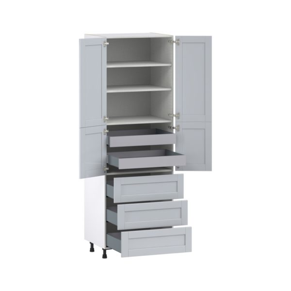 Sea Holly Light Gray  Shaker Assembled Pantry Cabinet 4 Doors with 3 Drawers and 2 Inner Drawers (30 in. W X 89.5 in. H X 24 in. D)